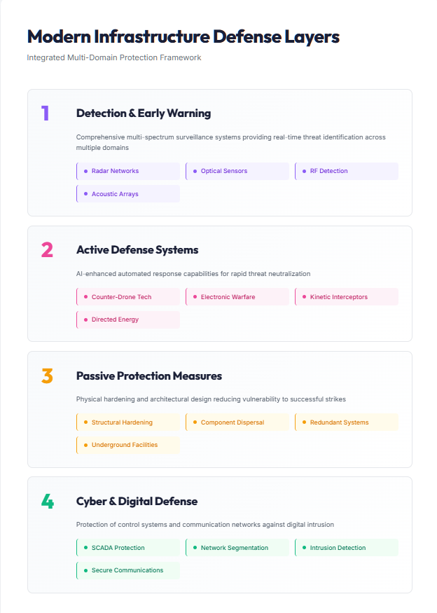 "Layered diagram illustrating four levels of modern infrastructure defense: detection and early warning systems, active defense systems, passive protection measures, and cyber and digital defense, each with specific capabilities listed.