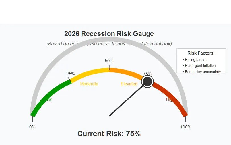 Semi-circular gauge showing the current recession risk at 75% (in the 'Elevated' to 'High' risk zone). The gauge ranges from 0% (low risk, green) to 100% (high risk, red), with the pointer indicating substantial concern for economic downturn in 2026 based on yield curve trends and inflation outlook.