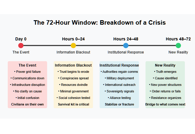 Timeline visualization showing the four critical phases of a 72-hour crisis: The initial event (Day 0), Information Blackout (Hours 0-24), Institutional Response (Hours 24-48), and New Reality (Hours 48-72). Each phase shows key developments including power failures, communications breakdown, military deployment, and the emergence of a new political reality. Copyright - Prime Rogue Inc - 2025. 
