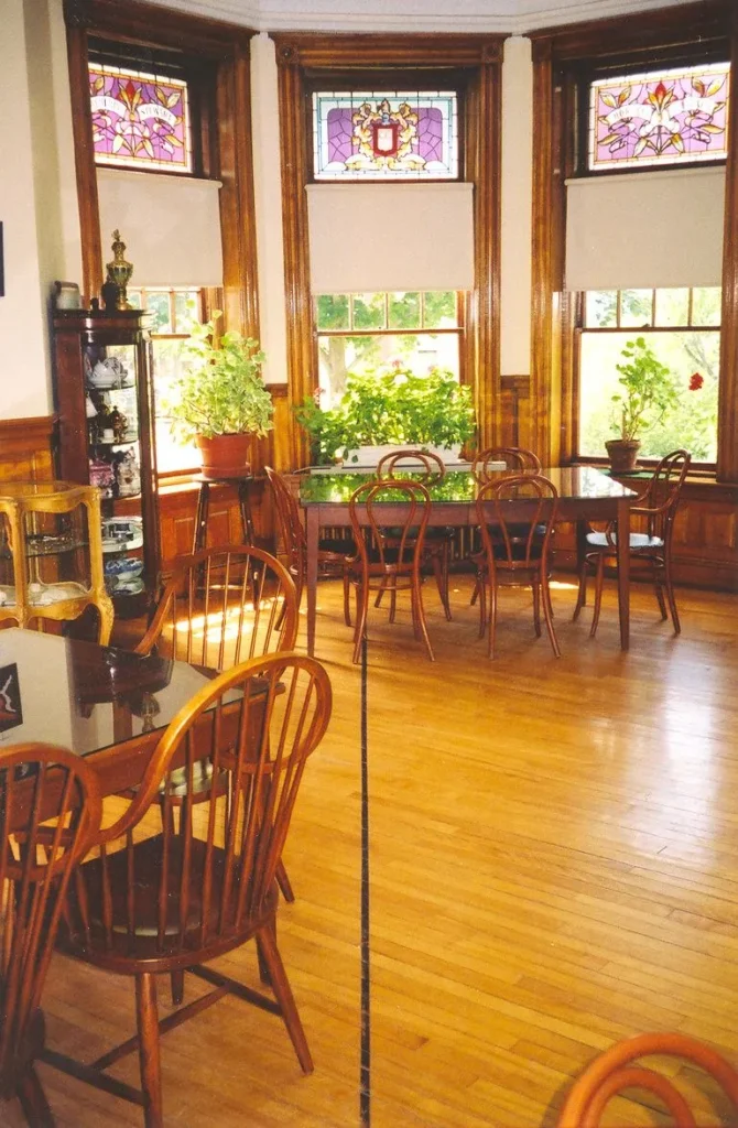 The inside of the Haskell Free Library & Opera House with a demarcating line in the reading room representing the official border between Canada and the United States. 