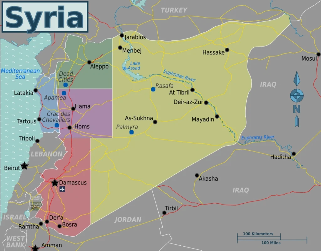 Map of Syria during the Civil War with colored zones of control 