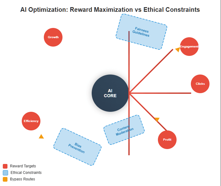 an image depicint gai optimization and the tension between reward maximization and ethical constraints. 