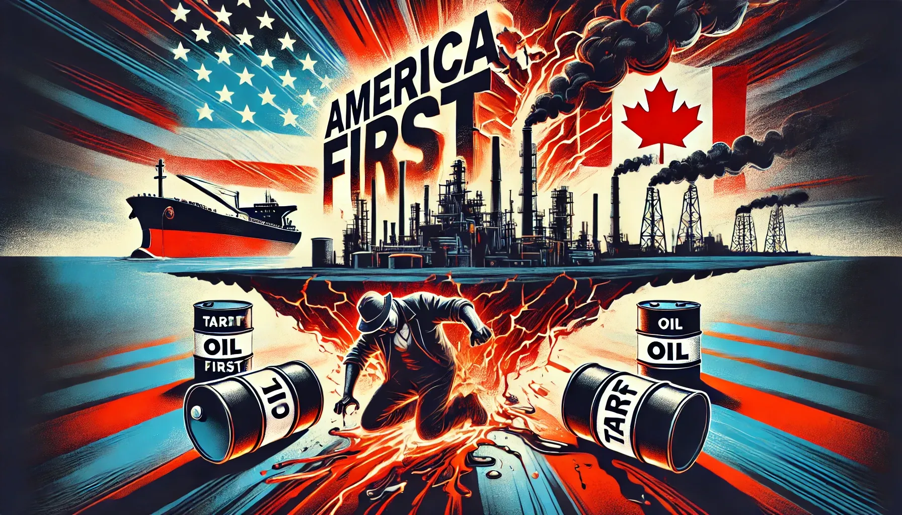 a stylized image depicting America First? More Like Refinery Last—Trump’s Oil Tariffs Just Handed Alberta the Market