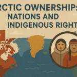A stylized image of a freighter in the arctic juxtaposed with indigenous peoples with the text "Arctic Ownership: Nations and Indigenous Rights."