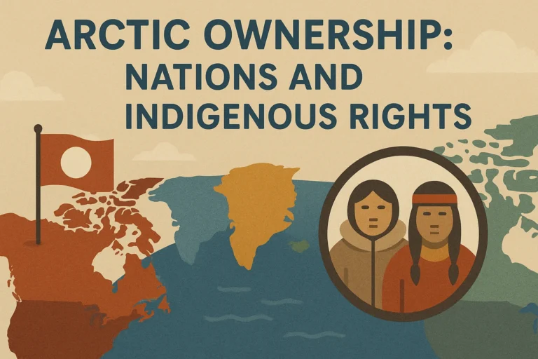A stylized image of a freighter in the arctic juxtaposed with indigenous peoples with the text "Arctic Ownership: Nations and Indigenous Rights."