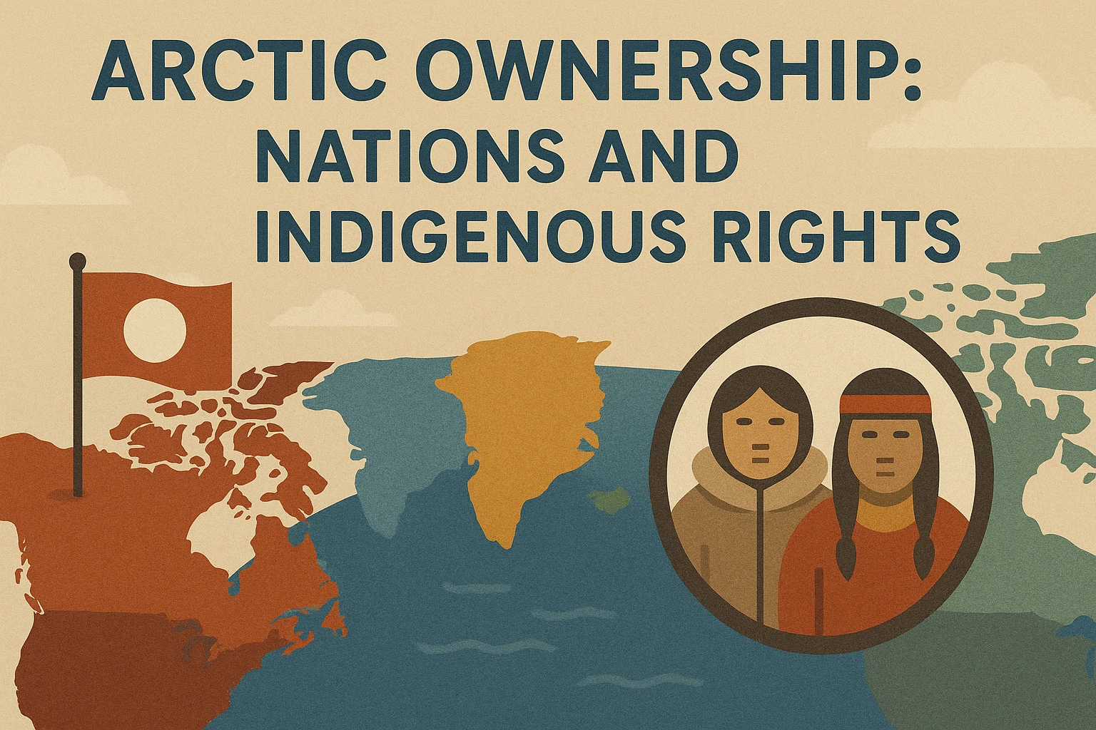 A stylized image of a freighter in the arctic juxtaposed with indigenous peoples with the text "Arctic Ownership: Nations and Indigenous Rights."