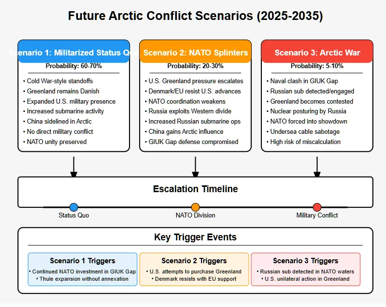 Infographic outlining three potential future Arctic conflict scenarios (2025-2035). Scenario 1 (Militarized Status Quo): 60-70% probability, featuring Cold War-style standoffs, Greenland remaining Danish with expanded U.S. military presence, and preserved NATO unity. Scenario 2 (NATO Splinters): 20-30% probability, where U.S. pressure over Greenland escalates, Denmark/EU resist, NATO coordination weakens, and Russia exploits divisions. Scenario 3 (Arctic War): 5-10% probability, involving naval clashes in the GIUK Gap, Russian submarine confrontations, nuclear posturing, and high risk of miscalculation. An escalation timeline shows progression from Status Quo to NATO Division to Military Conflict, with key triggers for each scenario. Copyright - Prime Rogue Inc 2025.