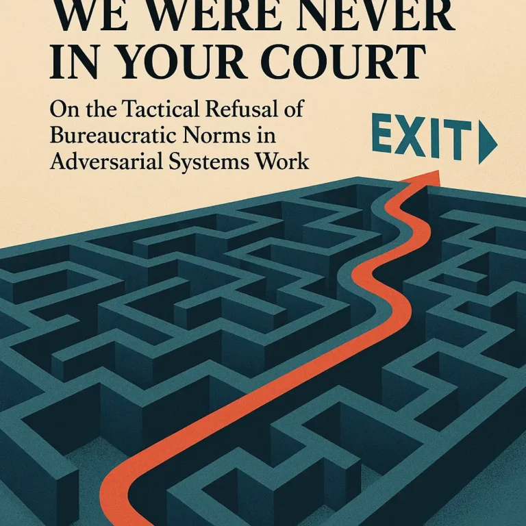 an image depicting we were never in your court on the tactical refusal of bureaucratic norms in adversarial systems work