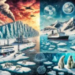 An image juxtaposing the effects of climate change on the Arctic and Antarctica
