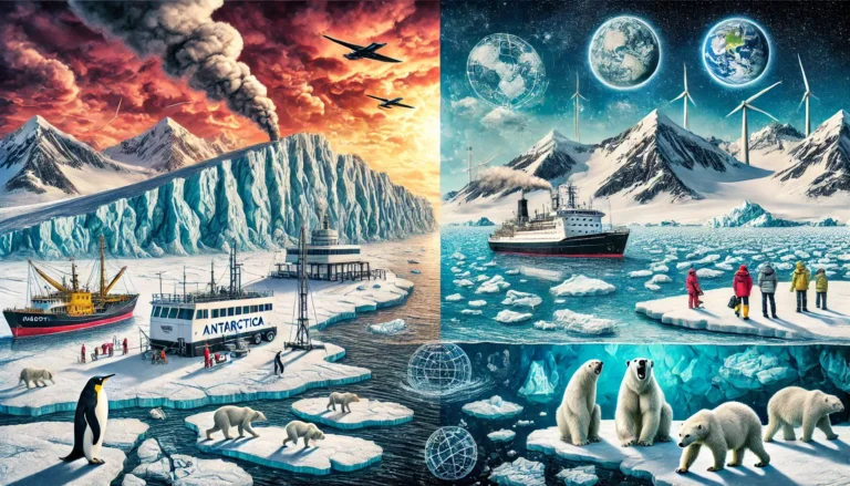 An image juxtaposing the effects of climate change on the Arctic and Antarctica