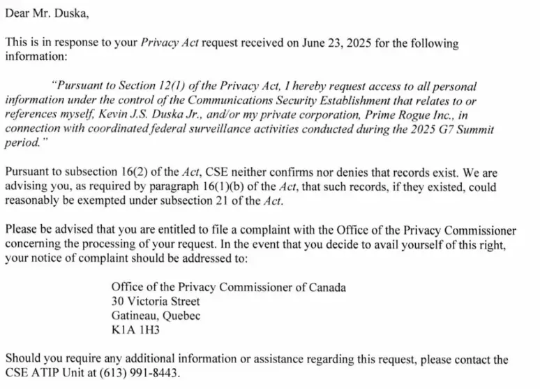 A copy of the Glomar response sent to Kevin Duska, President of Prime Rogue Inc, by Communications and Security Establishment Canada