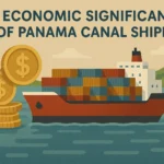 a stylized depiction of a container ship traversing the Panama Canal with gold coins falling into the water with the text "The Economic Significance of Panama Canal Shipping."