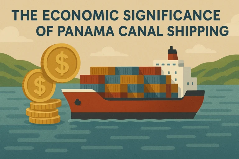 a stylized depiction of a container ship traversing the Panama Canal with gold coins falling into the water with the text "The Economic Significance of Panama Canal Shipping."