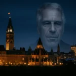 A nighttime cityscape of Ottawa featuring the illuminated Canadian Parliament buildings under a dark blue sky. A semi-transparent, grayscale portrait of Jeffrey Epstein looms above the skyline, subtly blended into the sky, suggesting a haunting or ominous presence over the capital.
