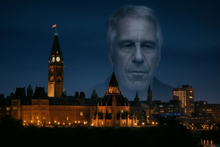 A nighttime cityscape of Ottawa featuring the illuminated Canadian Parliament buildings under a dark blue sky. A semi-transparent, grayscale portrait of Jeffrey Epstein looms above the skyline, subtly blended into the sky, suggesting a haunting or ominous presence over the capital.