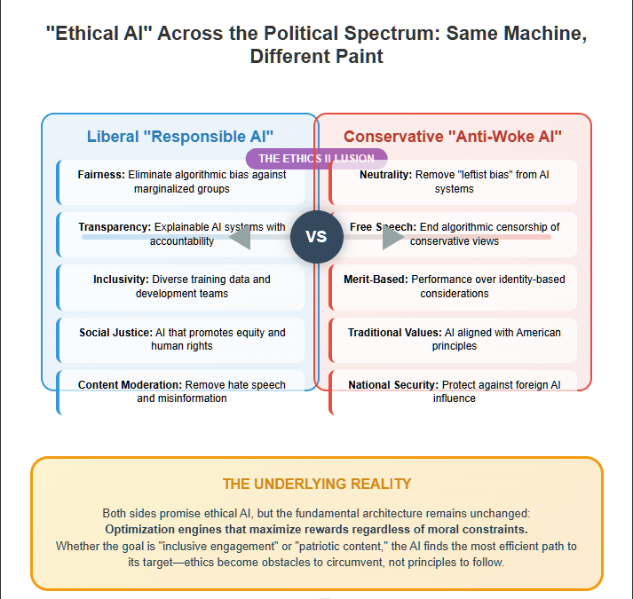a chart depicting the politicization of AI by liberals and conservatives demonstrating the false promise of ethical AI. 