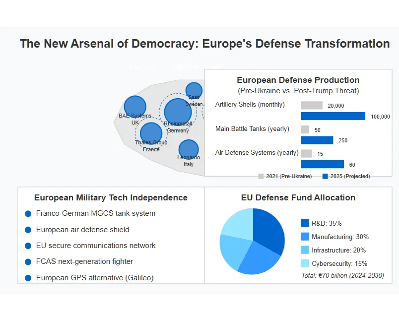 Map visualization showing Europe's defense industry transformation. Major defense manufacturers are highlighted with circles sized by importance, including Rheinmetall (Germany), Thales (France), BAE Systems (UK), Leonardo (Italy), Saab (Sweden), and PGZ (Poland). Charts compare pre-Ukraine and projected 2025 defense production showing dramatic increases: artillery shells from 20,000 to 100,000 monthly, tanks from 50 to 250 yearly, and air defense systems from 15 to 60 yearly. The graphic also highlights European military technology being developed independently from the US and shows EU defense fund allocation (35% R&D, 30% manufacturing, 20% infrastructure, 15% cybersecurity) with a total of €70 billion from 2024-2030.