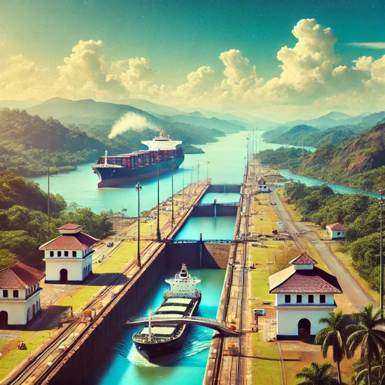 a stylized image depicting the Panama Canal highlighting lingering American influence in Panama