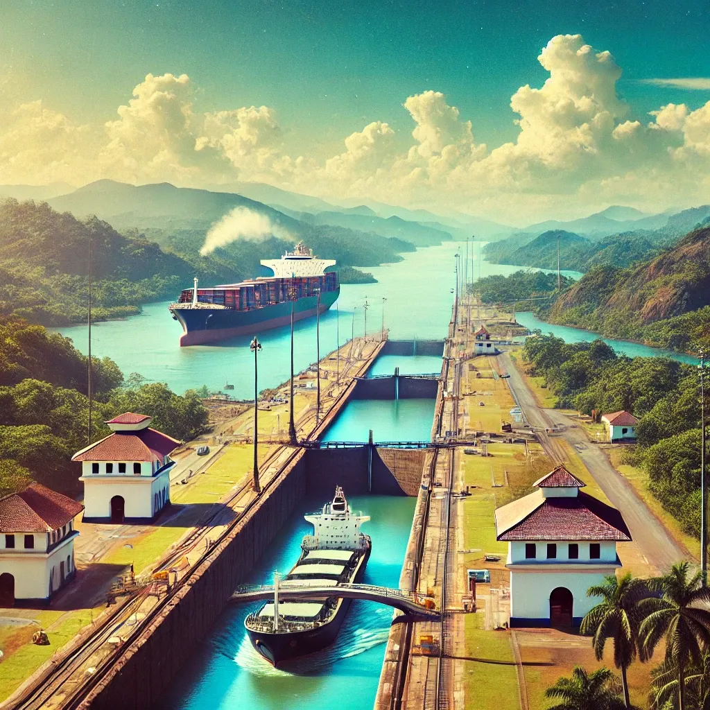 a stylized image depicting the Panama Canal highlighting lingering American influence in Panama
