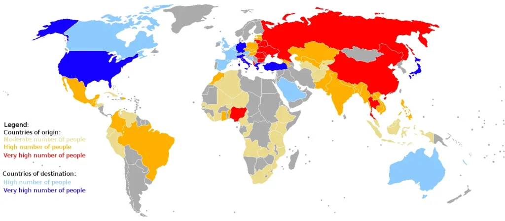 A colored map depicting human trafficking countries of origin and destination By Genetics4good - Own work, CC BY-SA 3.0, https://commons.wikimedia.org/w/index.php?curid=15357929