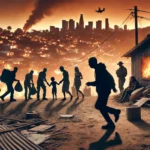 An abstract and stylized depiction of human trafficking in the context of the California wildfires.