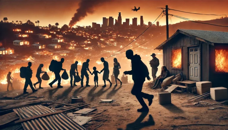 An abstract and stylized depiction of human trafficking in the context of the California wildfires.