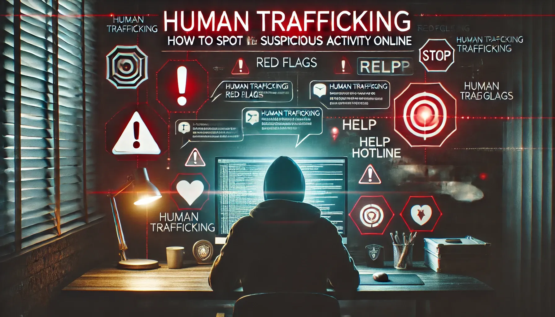 A stylized image depicting human trafficking red flags