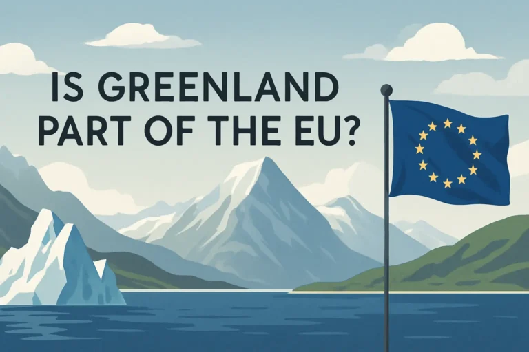 A stylized imagery of the landscape of Greenland with a European Union flag in the foreground and the text "Is Greenland Part of the EU?"