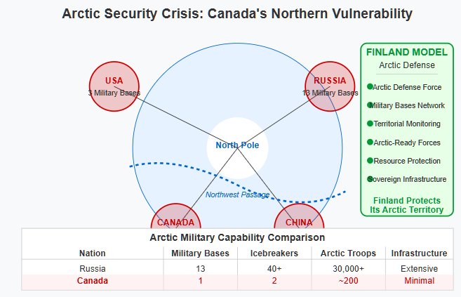 Map visualization of Arctic security capabilities showing Canada's northern vulnerability. The simplified Arctic map depicts military presence of various nations: Russia with 13 military bases, USA with 3 military bases, Canada with only 1 military base, and China with strategic Arctic investments. The Northwest Passage is marked with a dotted blue line through Canadian territories. A comparison table below shows Russia has 13 bases, 40+ icebreakers, 30,000+ Arctic troops and extensive infrastructure, while Canada (highlighted in red) has just 1 base, 2 icebreakers, approximately 200 troops, and minimal infrastructure. A green sidebar titled 'Finland Model' outlines Finland's approach to Arctic defense including: Arctic Defense Force, Military Bases Network, Territorial Monitoring, Arctic-Ready Forces, Resource Protection, and Sovereign Infrastructure, with the statement 'Finland Protects Its Arctic Territory.
