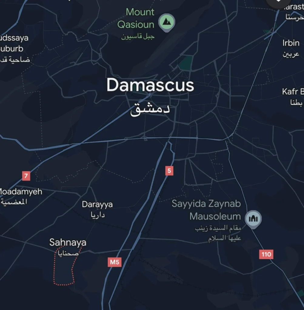 A map view showing the proximity of rebel forces to downtown Damascus