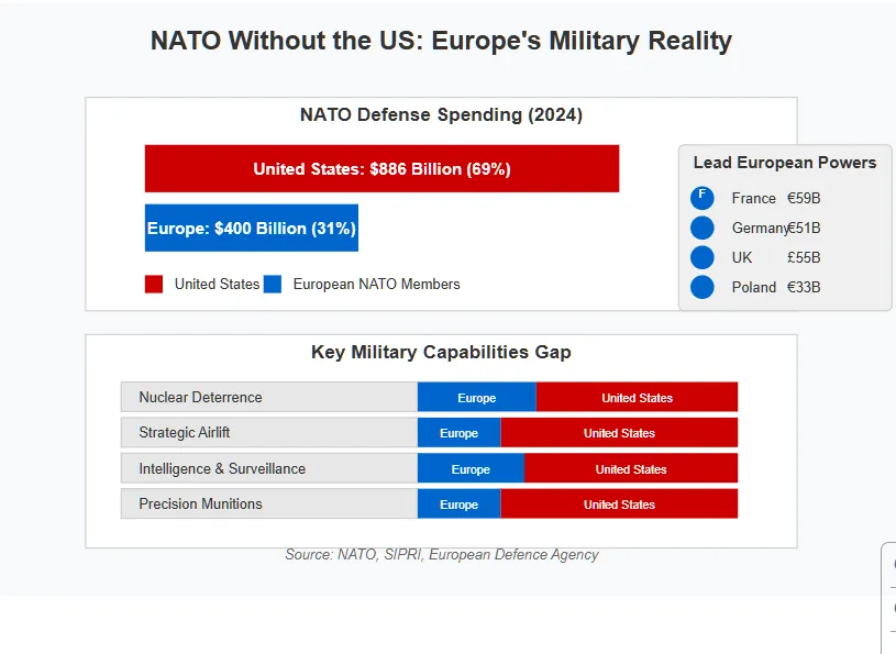 Comparative visualization showing NATO's military reality without US participation. The top chart illustrates that the US currently provides 69% ($886B) of NATO's defense spending compared to Europe's 31% ($400B). Below, bar graphs highlight significant capability gaps in nuclear deterrence, strategic airlift, intelligence & surveillance, and precision munitions. A sidebar identifies the four leading European military powers: France (€59B), Germany (€51B), UK (£55B), and Poland (€33B).