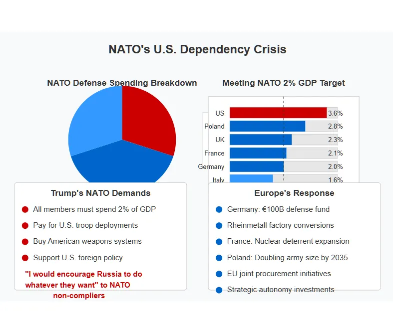 Visualization of NATO's dependency on the United States. A pie chart shows 70% of NATO defense spending comes from the US ($886B), 20% from major EU members ($253B), and 10% from other NATO members ($126B). Bar graphs show which countries meet the 2% GDP spending target, with the US leading at 3.6%, followed by Poland (2.8%), UK (2.3%), France (2.1%), Germany (2.0%), and Italy falling short at 1.6%. Two panels contrast Trump's NATO demands with Europe's strategic responses. Copyright - Prime Rogue Inc - 2025