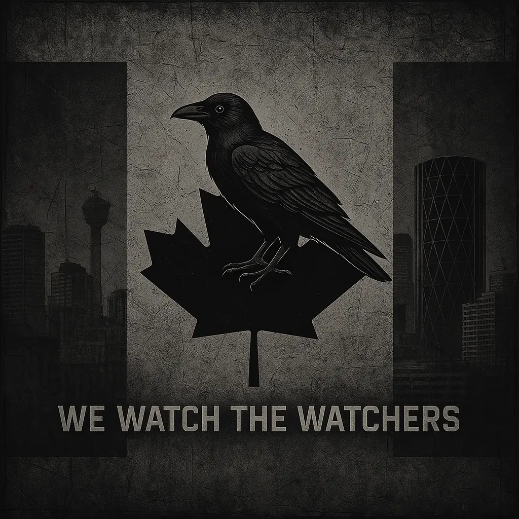 Prime Rogue Inc visualization of a raven over a Canadian flag - emphasizing surveillance - with the text "we watch the watchers."