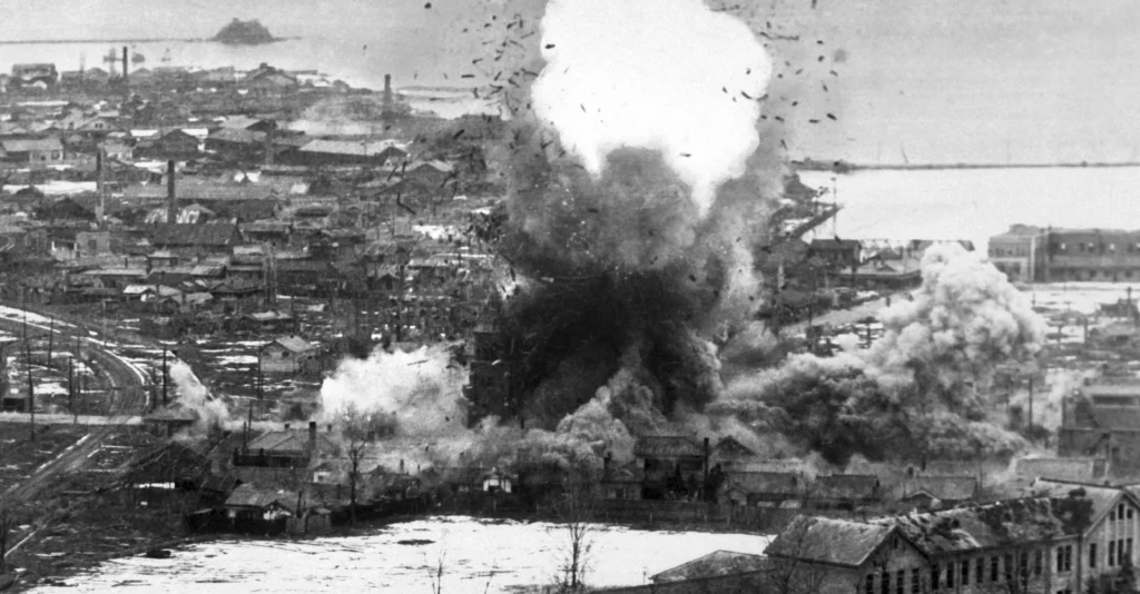 American military forces bombing a hospital in Pyongyang during the Korean War in spite of clear Red Cross markings. 