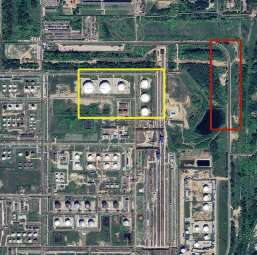 A top-down view of the Russian Ryazan Oil Refinery highlighting the 40, 50 and 60 meter-wide oil tanks destroyed by the Ukrainian drone attack. 