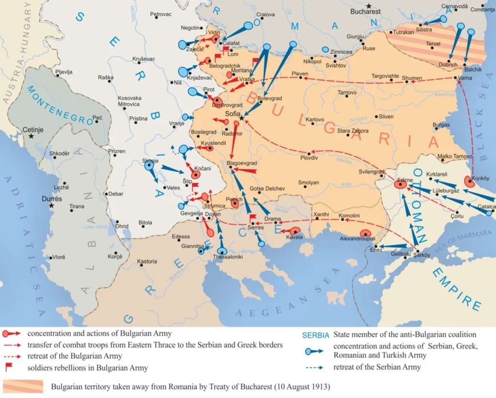 A map highlighting the dynamics of the Second Balkan War 