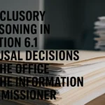 A dark, moody header image for a legal critique article. The image features the facade of a Canadian government building overlaid with translucent legal documents, redacted text, and glitch-like distortions. A shadowed figure stands in the corner, symbolizing the requester, partially obscured by layers of bureaucracy. The overall color scheme is grey, black, and crimson, evoking themes of surveillance, secrecy, and institutional opacity.