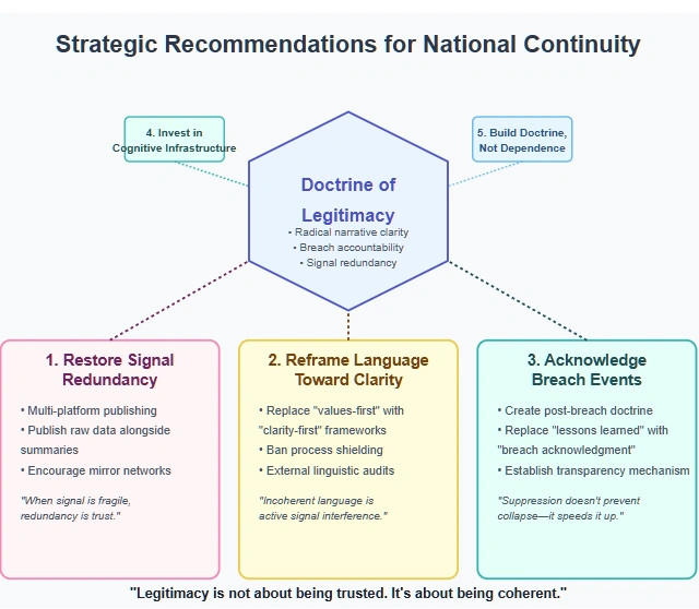 Diagram showing Strategic Recommendations for National Continuity. Central hexagon represents the Doctrine of Legitimacy (radical narrative clarity, breach accountability, signal redundancy). Three main recommendation boxes below: 1. Restore Signal Redundancy, 2. Reframe Language Toward Clarity, and 3. Acknowledge Breach Events. Two additional recommendations appear above: 4. Invest in Cognitive Infrastructure and 5. Build Doctrine, Not Dependence. Quote at bottom states: 'Legitimacy is not about being trusted. It's about being coherent.
