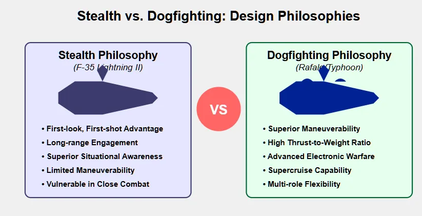 Side-by-side comparison of the stealth philosophy (F-35) versus dogfighting philosophy (Rafale/Typhoon), highlighting the key design considerations and battlefield advantages of each approach. Copyright - Prime Rogue Inc - 2025 