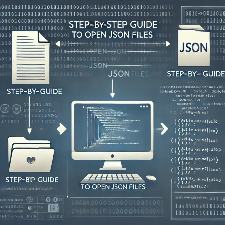 An abstract visualization of computer systems with the words step by step guide to open json files