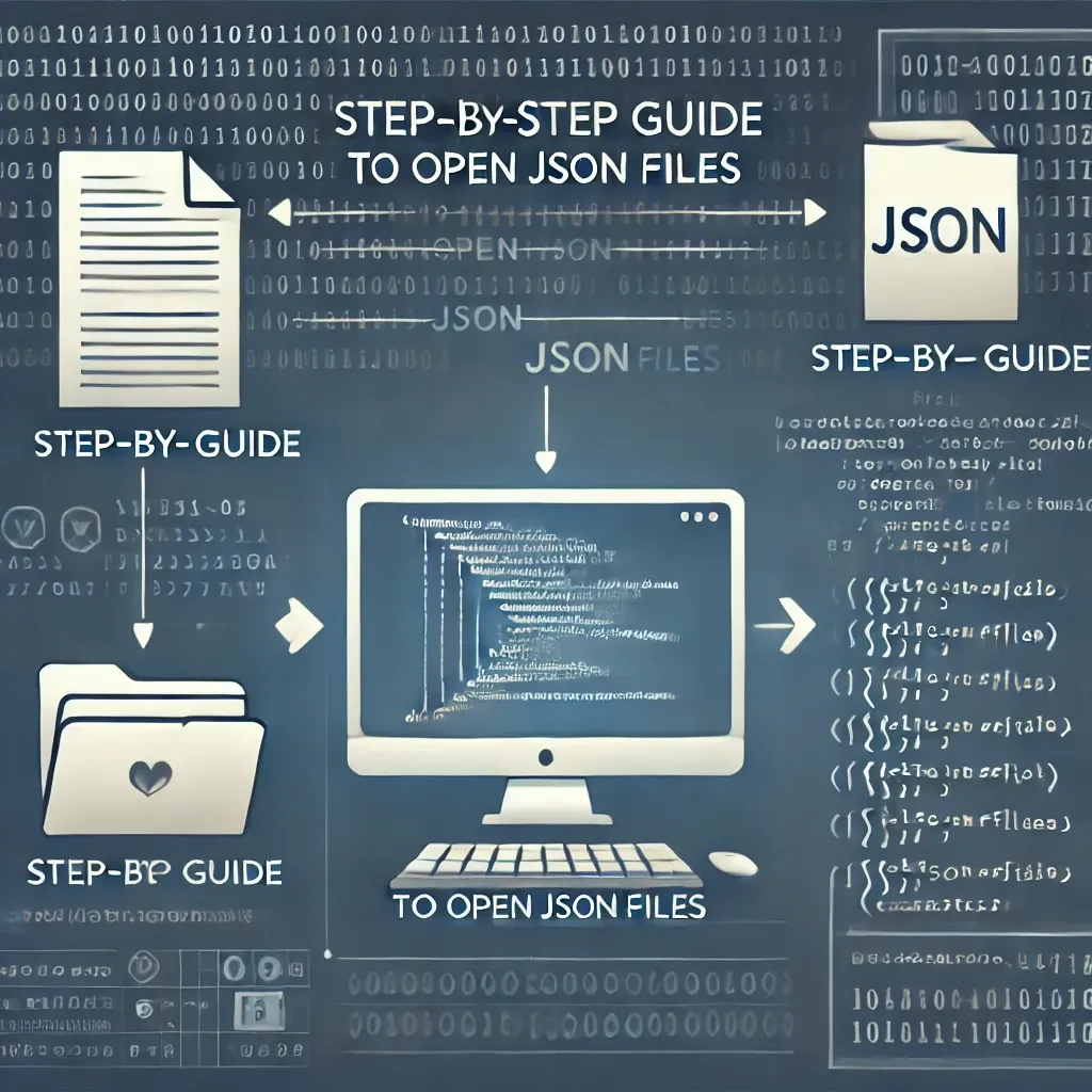 An abstract visualization of computer systems with the words step by step guide to open json files