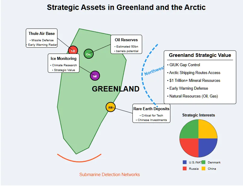 Infographic showing strategic assets in Greenland and the Arctic region. The image features a map of Greenland with key strategic points marked: Thule Air Base (missile defense, early warning radar), rare earth mineral deposits (critical for technology, targeted by Chinese investments), oil reserves (estimated 50 billion barrels potential), ice monitoring stations (climate research with strategic value), and submarine detection networks. A pie chart shows relative strategic interests in the region: US/NATO (50%), Russia (25%), Denmark (15%), and China (10%). A key information box highlights Greenland's strategic value including GIUK Gap control, Arctic shipping routes access, over $1 trillion in mineral resources, early warning defense capabilities, and natural resources (oil, gas). Copyright - Prime Rogue Inc - 2025.