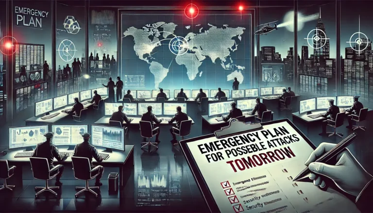 A stylized depiction of an emergency command centre preparing for a possible attack tomorrow.