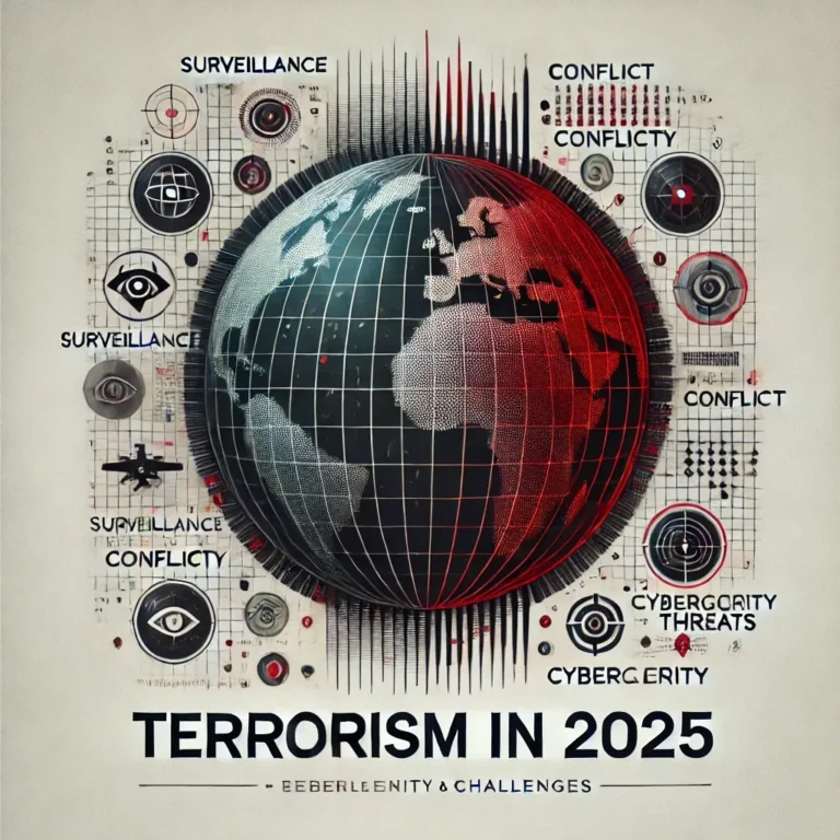 a stylized image of a globe featuring the text "Terrorism in 2025: What To Expect"