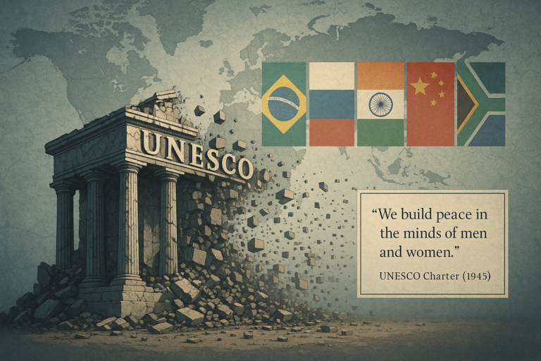 an image depicting The Empire That Forfeited Memory: Trump’s UNESCO Exit and the Collapse of Narrative Sovereignty