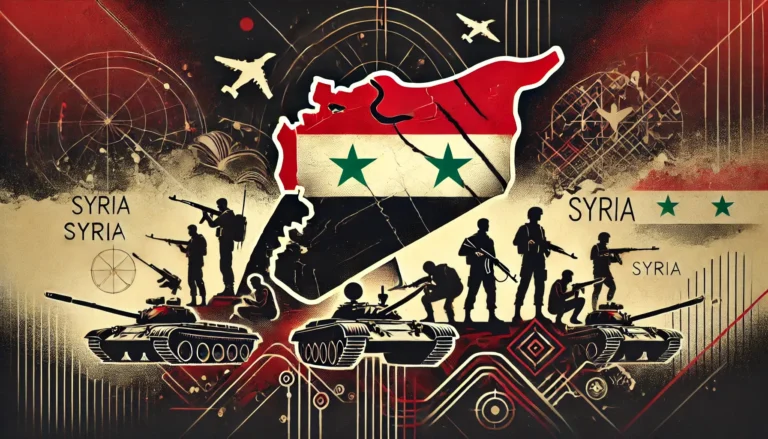 A depicition of the country of Syria, filled in with the Syrian flag, featuring the text "The Impact of a Syria Coup on regional stability."
