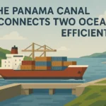 A stylized image of a container ship crossing the Panama Canal with the text "The Panama Canal Connects Two Oceans Efficiently"?