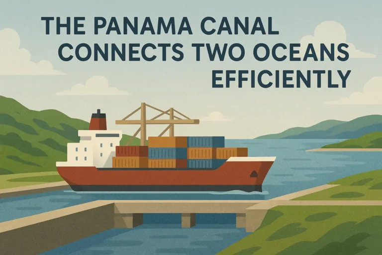 A stylized image of a container ship crossing the Panama Canal with the text "The Panama Canal Connects Two Oceans Efficiently"?