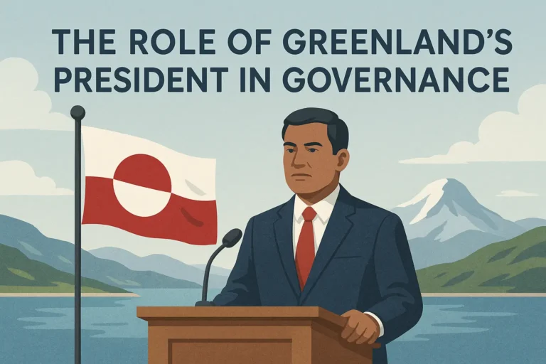 A stylized depiction of the President of Greenland in front of a landscape of Greenland with a Flag of Greenland and the text "The Role of Greenland's President in Governance"