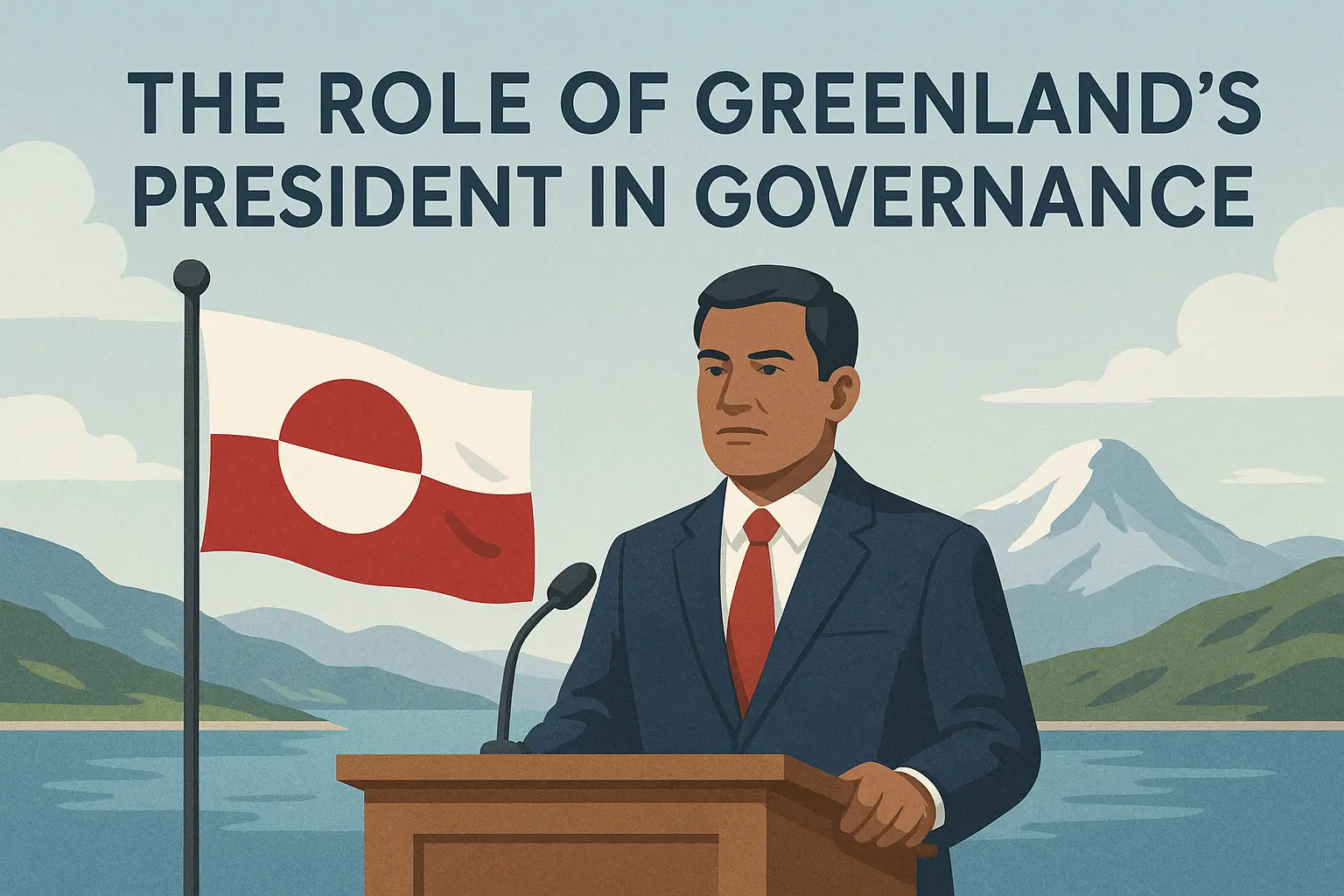A stylized depiction of the President of Greenland in front of a landscape of Greenland with a Flag of Greenland and the text "The Role of Greenland's President in Governance"